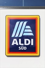 Aldi Süd logo on a branch discounter supermarket shop in Stuttgart, Germany, Europe