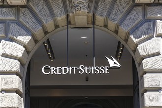 Credit Suisse Bank logo at the company's headquarters on Paradeplatz in Zurich, Switzerland, Europe