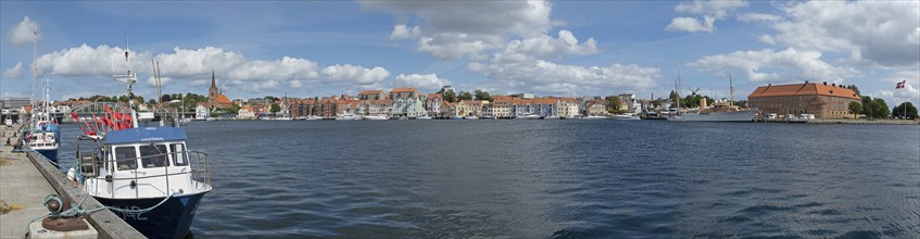 Panoramic view, boats, harbour, castle, Sønderborg, Syddanmark, Denmark, Europe