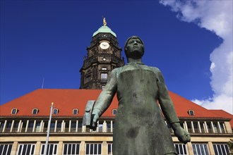 Trümmerfrau Monument in front of the Town Hall, The New Town Hall in Dresden, Saxony, Germany,