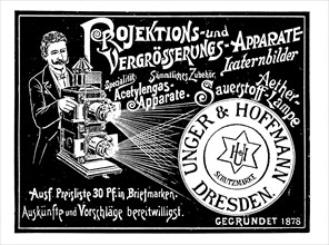 Advertisement of the company Unger und Hoffmann for projection devices and enlargers, lantern