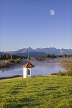 Photomontage, chapel at Hegratsrieder See, near Füssen, moon, Allgäu Alps, Allgäu, Bavaria,