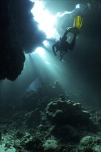 Diver swimming in cave, underwater, light rays, sun rays, St Johns Caves dive site, Saint Johns