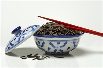 Rice, black wild rice in bowl with chopsticks, Canada, North America