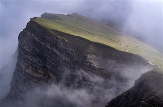 Odle, Puez-Odle nature Park, morning mist, Seceda, Val Gardena, Trentino, South Tyrol, Italy,