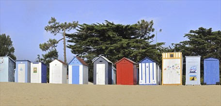 Colourful beach cabins at Saint-Denis-d'Oléron on the island Ile d'Oléron, Charente-Maritime,