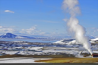 Vapour plume in winter landscape, lake and mountains, fire and ice, Myvatn, Iceland, Europe