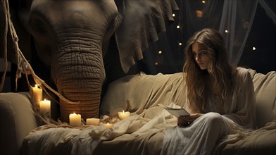 Contemplative young woman sitting in A daze ignoring the elephant in the room. generative AI