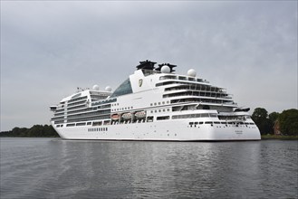 Cruise ship Seabourn Ovation sails through the Kiel Canal, Germany, Europe