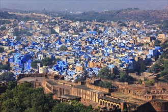 Aerial view of Jodhpur, also known as Blue City due to the vivid blue-painted Brahmin. View from