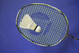 Badminton racket with shuttlecock, sport, badminton, sports equipment, racket, blue, white, studio