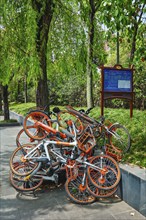 CHENGDU, CHINA, APRIL 15, 2018: Mobike bikes for share parked in Chengdu, Sichuan, China, Asia