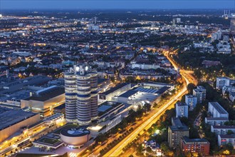 MUNICH, GERMANY, MAY 11: Aerial view of BMW Museum & BWM Welt & factory from Olympic Tower in the