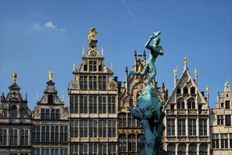 Antwerp row of 16th century old houses Monumental Guildhouses facades on Grote Markt square.