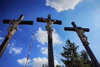 The three crosses on the Kreuzberg near the city of Bischofsheim, Rhön Mountains, Lower Frankonia,