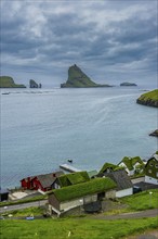 Bour village with many grasstop roofs, Vagar, Faroe islands, Denmark, Europe