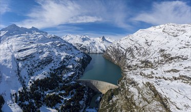 Aerial view over the Zervreila reservoir with the Zervreilahorn in the background, Valsertal,