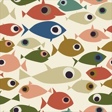 Colored fish pattern, childlike drawing vector illustration