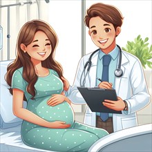 Pregnant woman consults with doctor in a chamber. AI generated