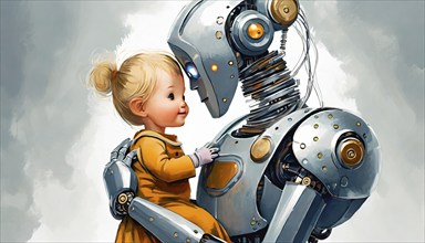 Tender touch, a little girl, about 3 years old, and a humanoid robot look each other in the face,