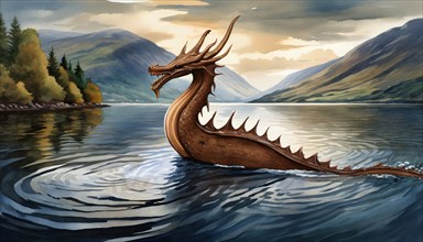 Mythology, the mythical creature Nessie, the Loch Ness monster, in Loch Ness in Scotland, AI