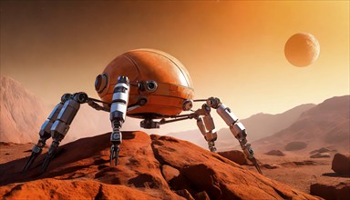 Science fiction, space travel, a robotic vehicle with spider legs exploring the planet Mars, AI