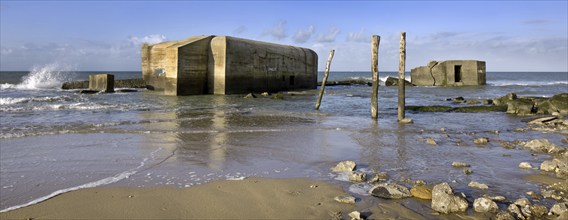 World War II concrete blockhouses on beach at Wissant, Nord-Pas de Calais, France, Europe