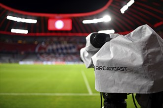 Overview Interior Allianz Arena, empty, TV camera, FC Bayern Munich logo, scoreboard, Munich,