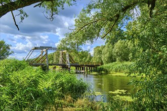 Listed wooden bascule bridge over the Trebel near Nehringen, Mecklenburg-Western Pomerania,