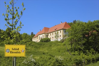 Ehrenfels Castle, Ehrenfels Castle sign, writing, letters, former summer residence of the abbots of