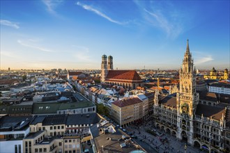 Aerial view of Munich, Marienplatz, Neues Rathaus and Frauenkirche from St. Peter's church on