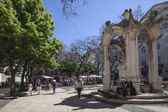 Largo do Carmo with fountain Chafariz do Carmo, Chiado district, Lisbon, Portugal, Europe