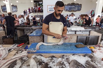 Black scabbardfish (Aphanopus carbo) being filleted, fish hall, fish market, market hall Mercado