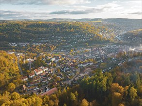 Aerial view town in autumn, Calw, Black Forest, Germany, Europe