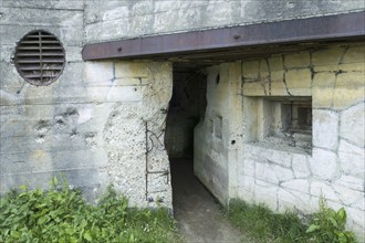 Impact of bullets on damaged casemate, artillery bunker of WWII Batterie d'Azeville Battery, part