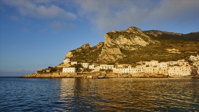 Soft morning light, hill, Levanzo town, main town, blue sky, white clouds, Levanzo, Egadi Islands,