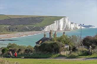 White cliffs, Seven Sisters, beach, house, cottage, Cuckmere Haven, East Sussex, England, Great