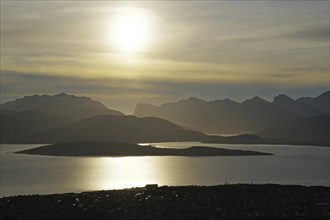 View from Fjellheisen over part of Tromsö and mountains, Troms og Finnmark, Norway, Europe