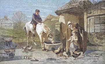 The Farm Gate, Farmer's wife with two children and many animals on a farm, 1869, France, Historic,