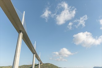 Millau viaduct, cable-stayed bridge over Tarn valley. The highest road bridge in the world. A75