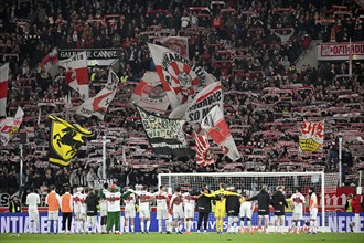 VfB Stuttgart players celebrate, Cannstatter Kurve, fan block, fans, fan block, flags, mood,