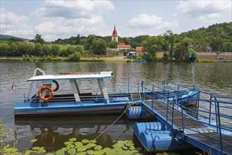 Ferry on the Elbe and view of Velké Žernoseky, Velke Zernoseky, Greater Chernosek, Litomerice,