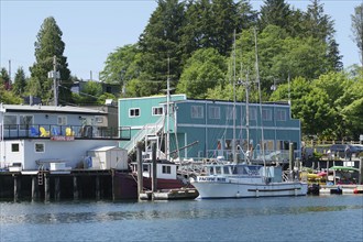 Small boats and wooden buildings, good weather, Ucluelet, Pacific Rim National Park, Vancouver