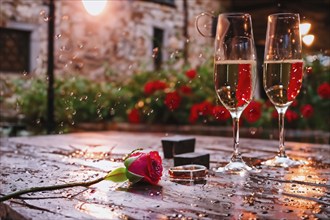 Red roses, golden rings and glasses of wine on an old wooden table, AI generated