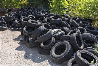 Collected car tyres on a scrap yard, Bavaria, Germany, Europe