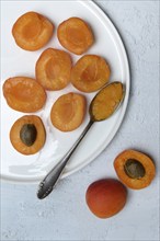 Apricot, apricot halves on plate with spoon