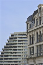 Old apartments and new flats along the North Sea coast at Ostend, Belgium, Europe