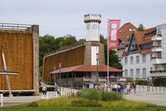 Gradierwerk Clock Tower with Flag Tourist Information, Bad Salzuflen, North Rhine-Westphalia,