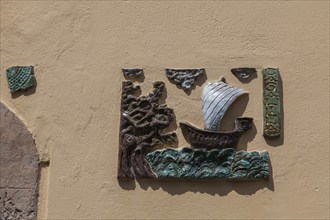 Decoration on house facade, ceramic jewellery, Malcesine, Lake Garda, Province of Verona, Italy,