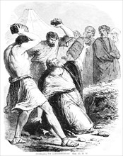 Stoning of the Sabbath desecrator, stoning, punishment, men, group, kneel, die, God, Moses, day of